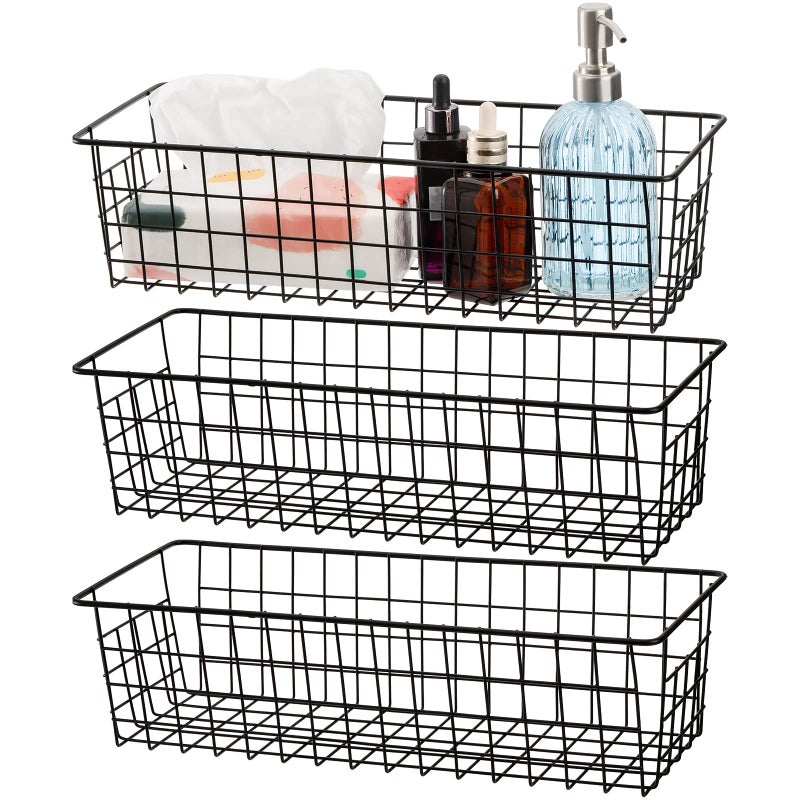 Hedume 3 Pack Metal Wire Storage Organizer Basket, 16.2" x 6.3" x 4.4" Bin Basket with Handles, Versatile Organizer for Kitchen, Pantry, Closet, Laundry Room, Cabinets, Bathroom - Black - Image 1